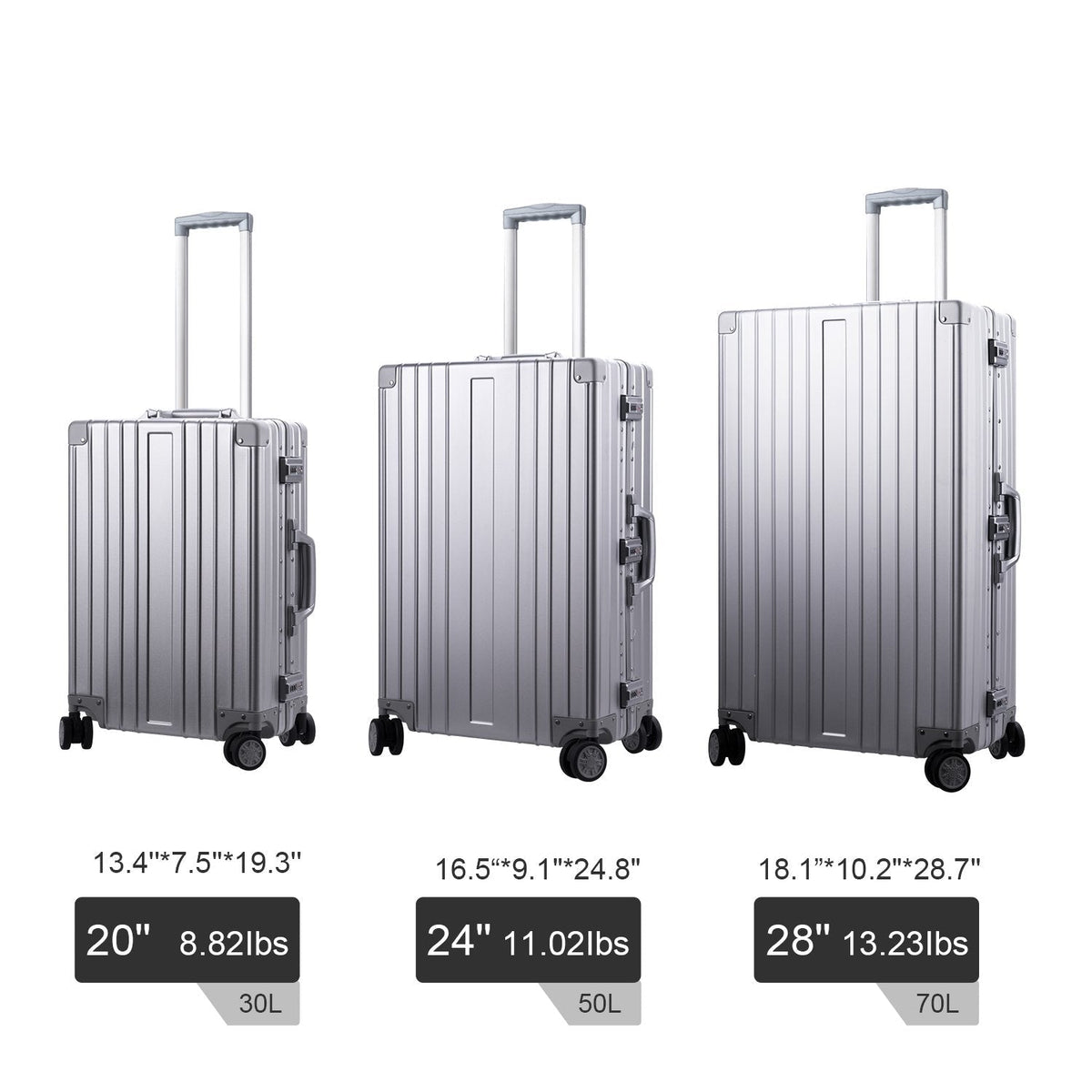 TRAVELKING All Aluminum Carry On Luggage Zipperless Hard Shell Luggage Case with TSA Lock Spinner Alloy Metal Suitcase (Silver, 20")