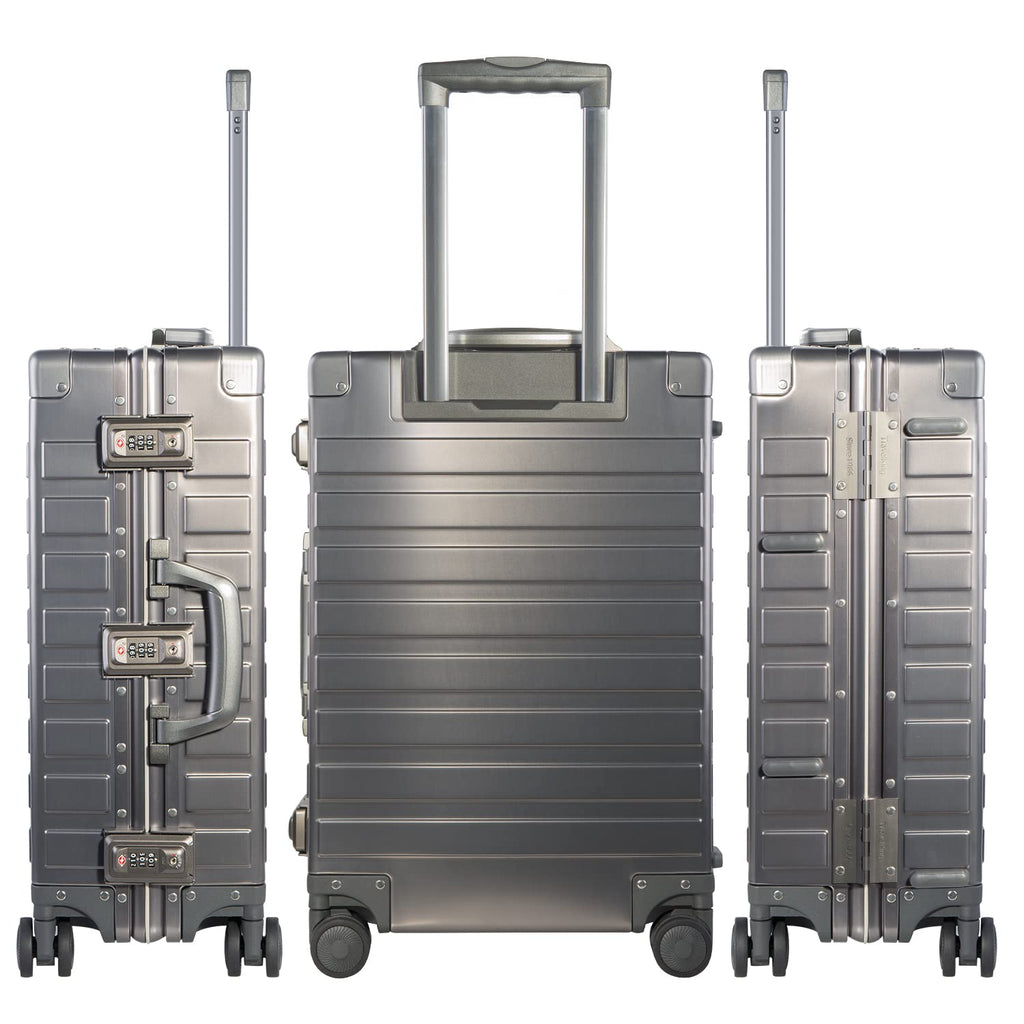 TRAVELKING All Aluminum Luggage with TSA Locks Metal Hard Shell Zipperless Spinner Alloy Metal Suitcase (Cool Metallic, 24 Inch)