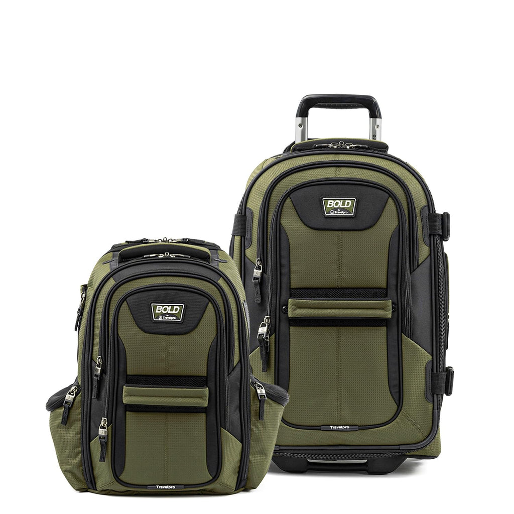 Travelpro Bold Softside 2-Piece Set — Expandable 2-Wheel Upright Carry-On Luggage with Backpack, Olive/Black