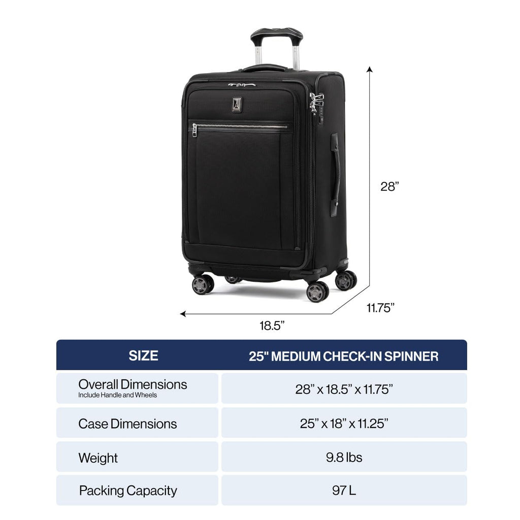 Travelpro Platinum Elite Softside Expandable Checked Luggage, 8 Wheel Spinner Suitcase, TSA Lock, Men and Women, Coastal Blue, Checked Medium 25 - Inch