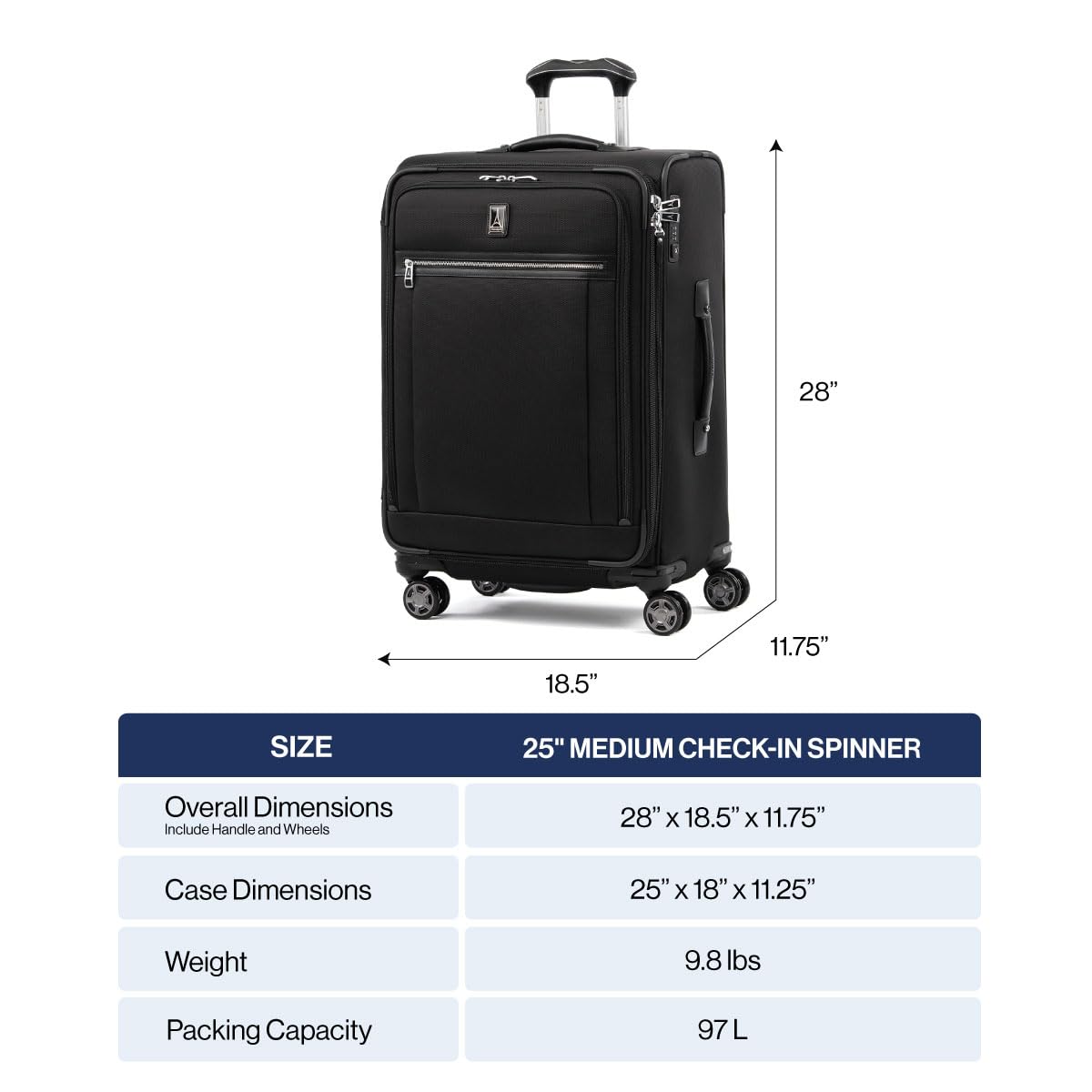 Travelpro Platinum Elite Softside Expandable Checked Luggage, 8 Wheel Spinner Suitcase, TSA Lock, Men and Women, Coastal Blue, Checked Medium 25 - Inch