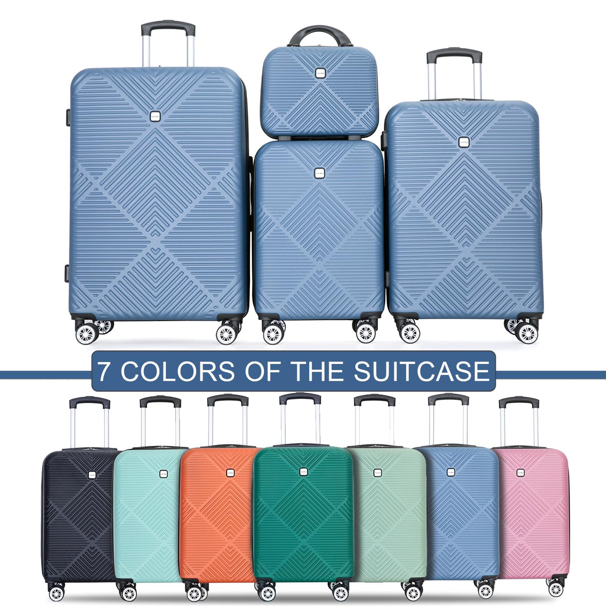 Tripcomp Luggage 4 Piece Set, Hardshell ABS Suitcase Set with Double Spinner Wheels, Lightweight Durable Large Luggage set, Carry On and Checked Travel Luggage, Blue