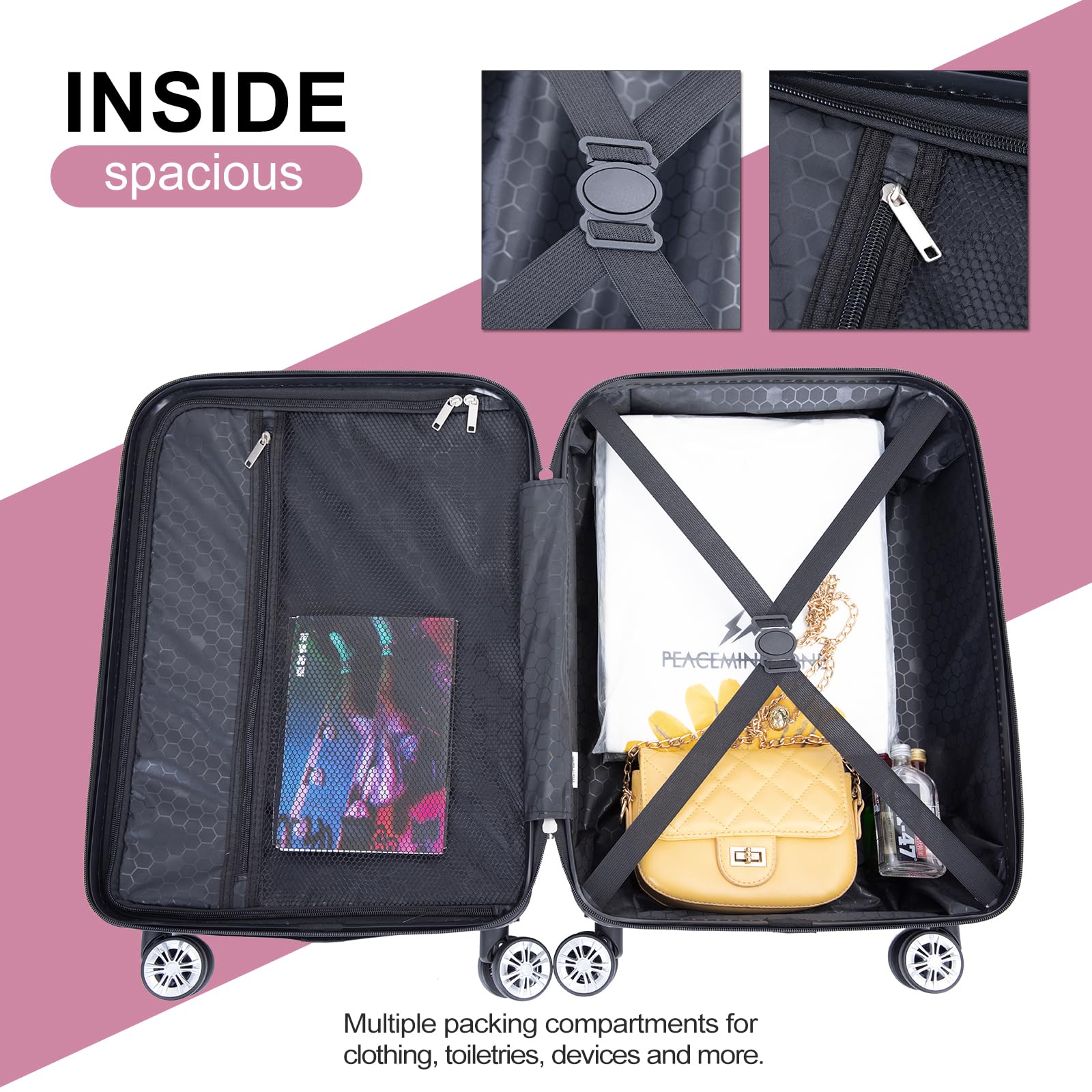 Tripcomp Luggage 4 Piece Set, Hardshell ABS Suitcase Set with Double Spinner Wheels, Lightweight Durable Large Luggage set, Carry On and Checked Travel Luggage, Pink