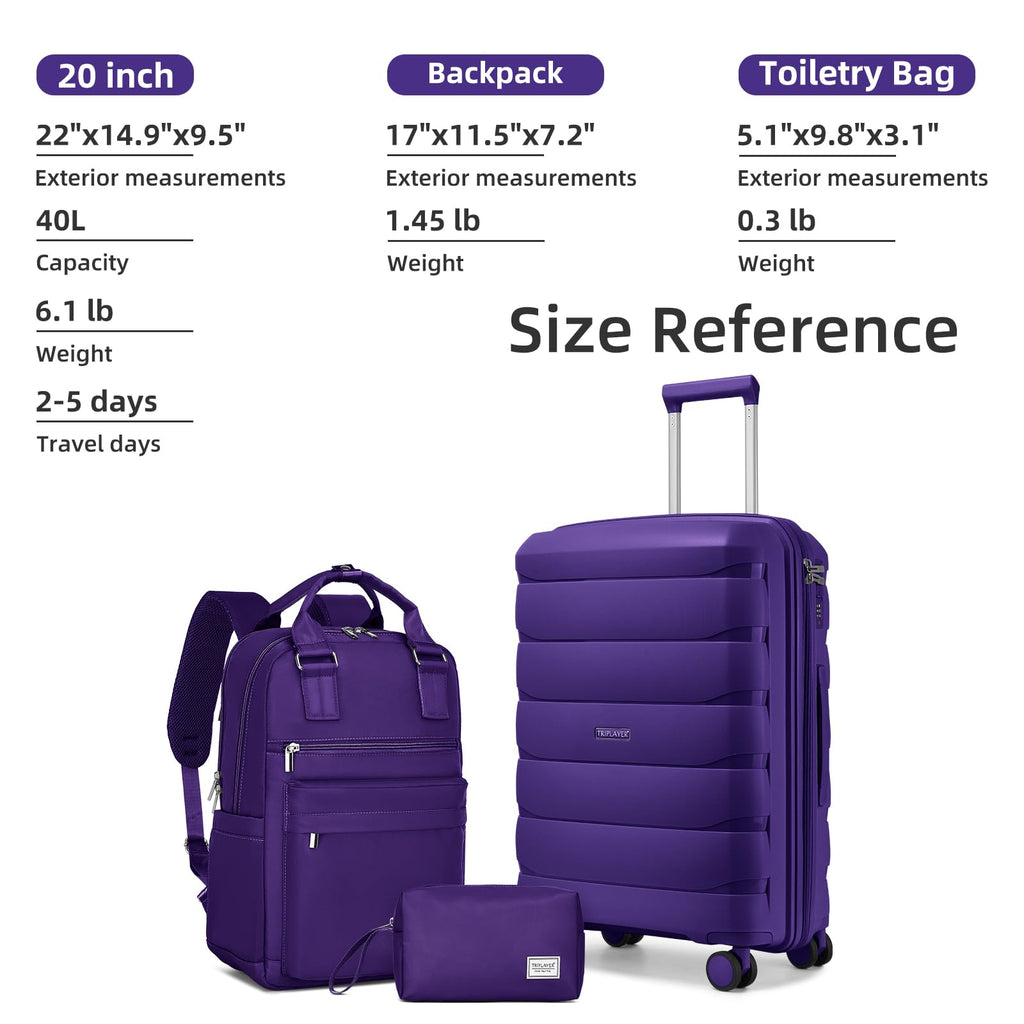 TRIPLAYER Carry On Luggage 22x14x9 Airline Approved, 22 Inch PP Hardshell Luggage Carry - on Suitcase with Spinner Wheels, Carry On Suitcase Set for Women(Purple)