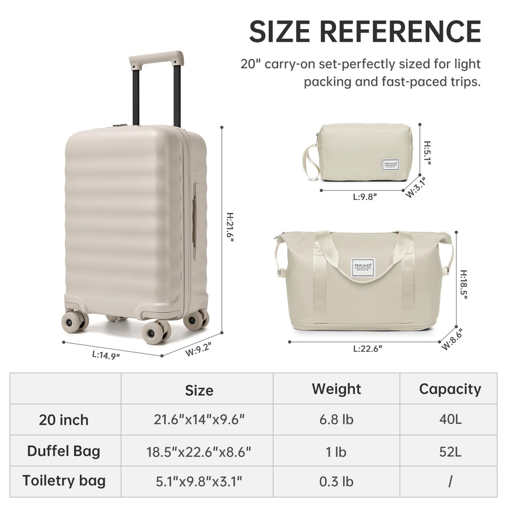 TRIPLAYER Luggage Sets 3 Piece, Carry On Luggage 22x14x9 Airline Approve PC Hardside Suitcase Set with Wheels TSA Lock, Durable Carry - On Suitcase with Duffel Bag for Women (Oysters)