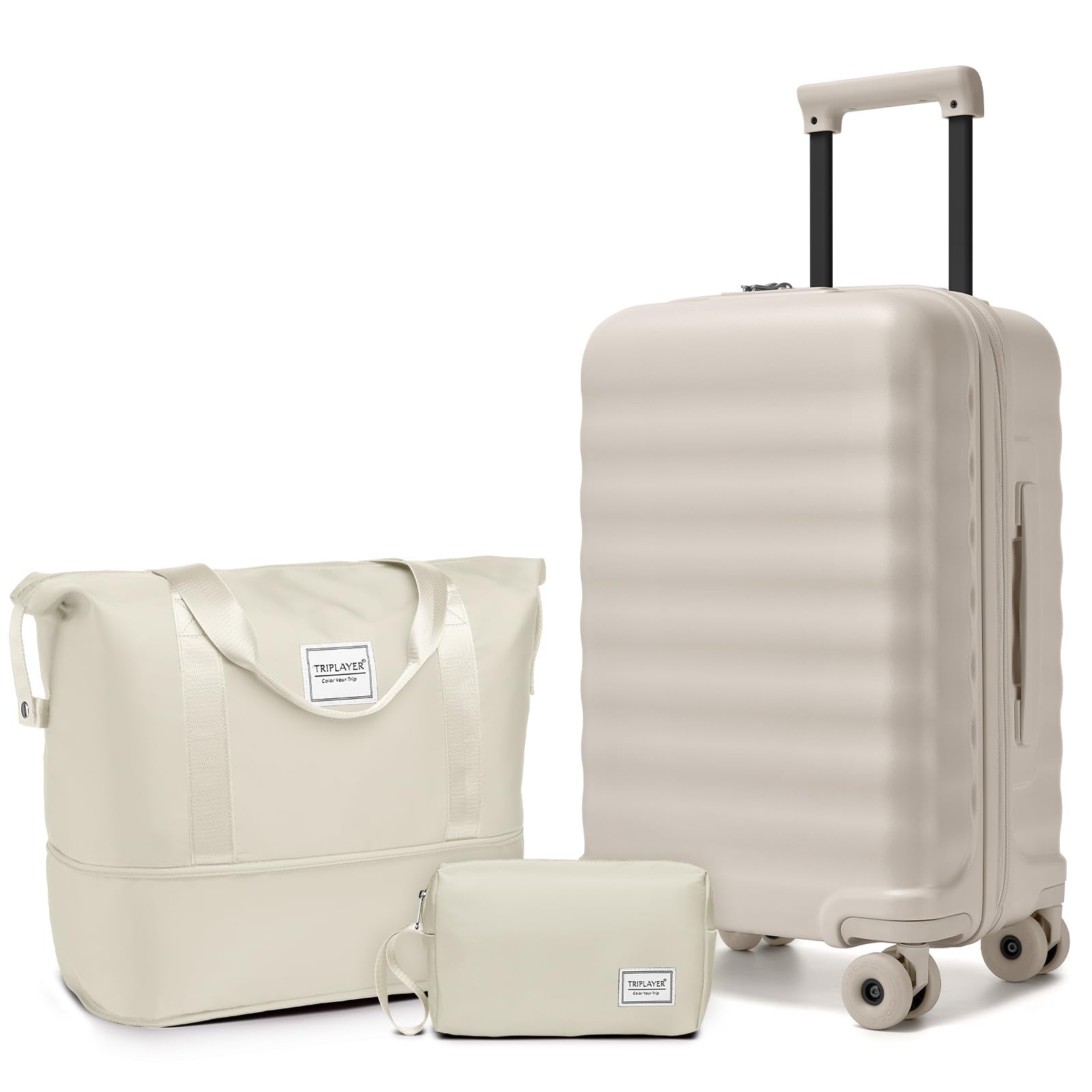 TRIPLAYER Luggage Sets 3 Piece, Carry On Luggage 22x14x9 Airline Approve PC Hardside Suitcase Set with Wheels TSA Lock, Durable Carry-On Suitcase with Duffel Bag for Women (Oysters)