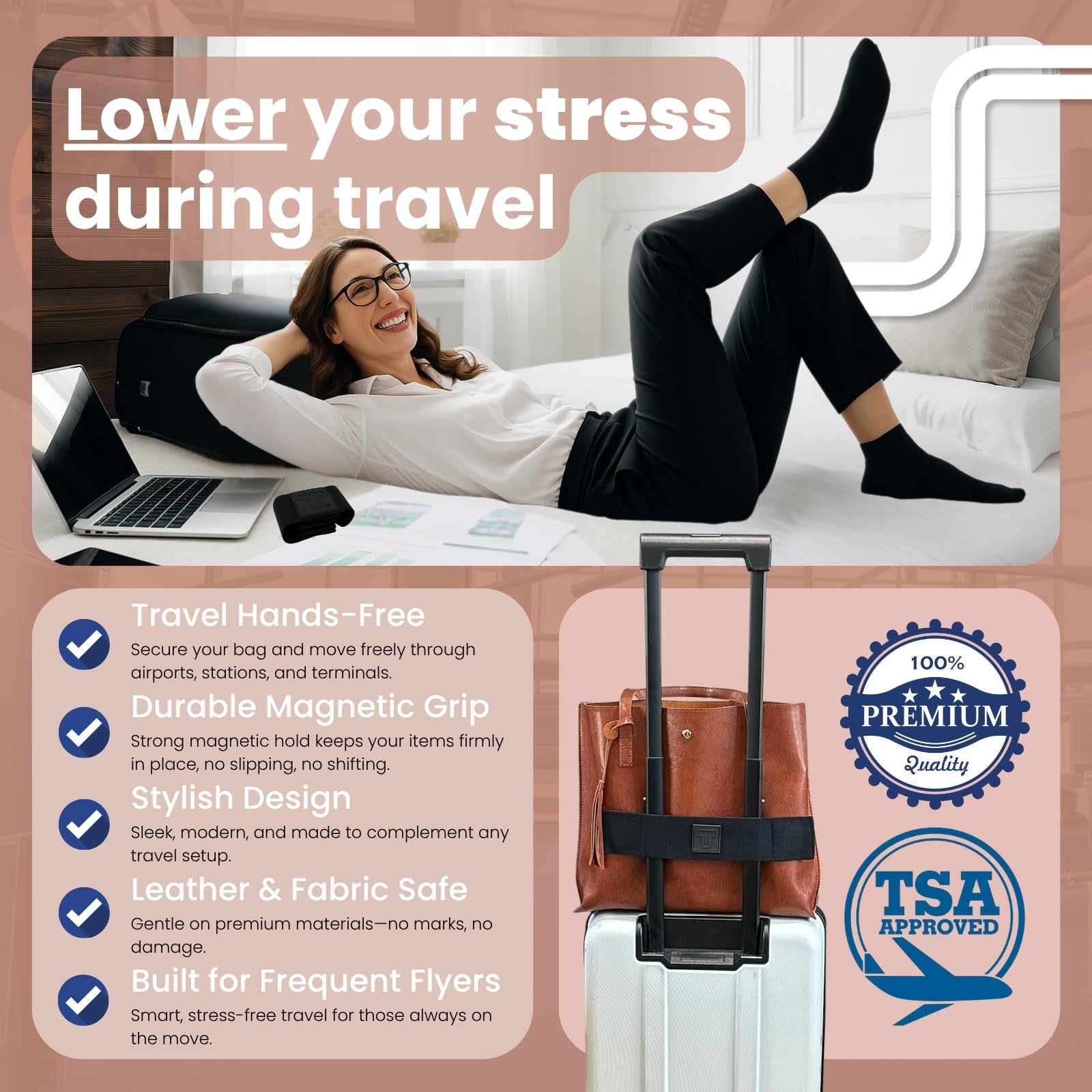 Trolley Strap Carryon Luggage Strap Over Suitcase Handle for Attaching Carryon Bag Travel Accessories TSA Approved Carry - On Add a Bag Belt Sleeve for A Tote Backpack Purse (Black on Black)