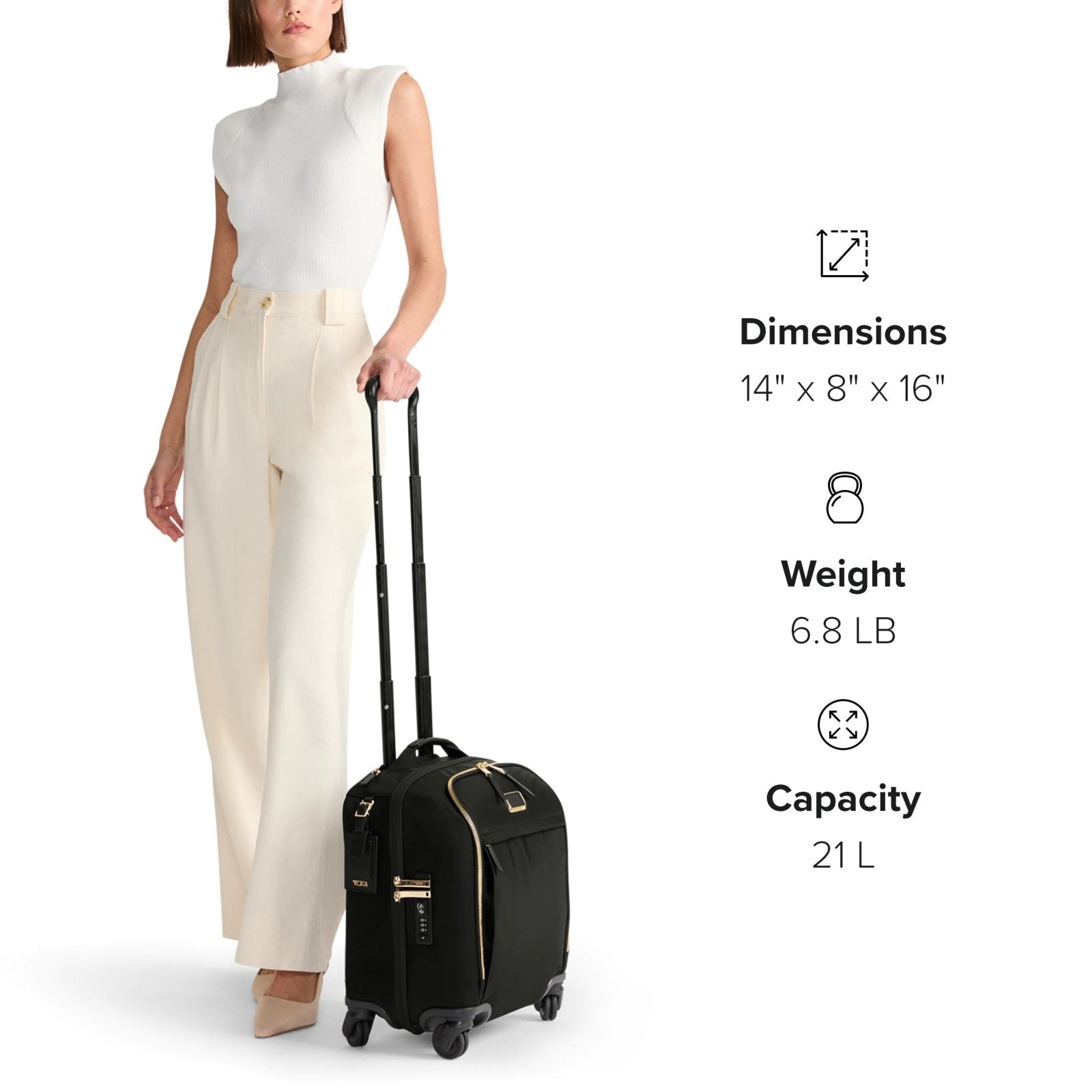 TUMI - Voyageur Leger 4 Wheeled Luggage - Women's Lightweight and Spacious, Sleek Silhouette, Durable Premium Suitcase - 16" Compact Carry - On, Black with Gold Hardware