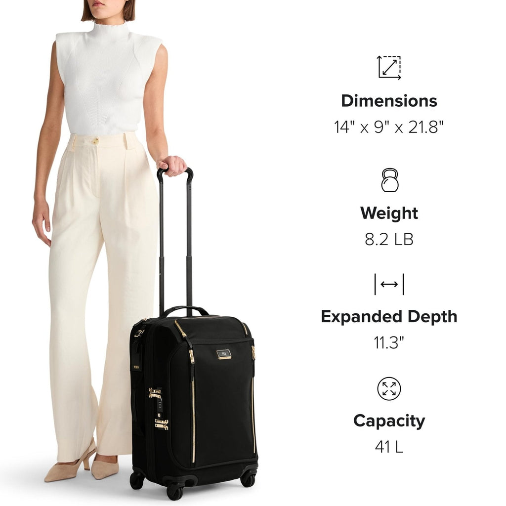 TUMI - Voyageur Leger 4 Wheeled Luggage - Women's Lightweight and Spacious, Sleek Silhouette, Durable Premium Suitcase - 16" Compact Carry - On, Black with Gold Hardware