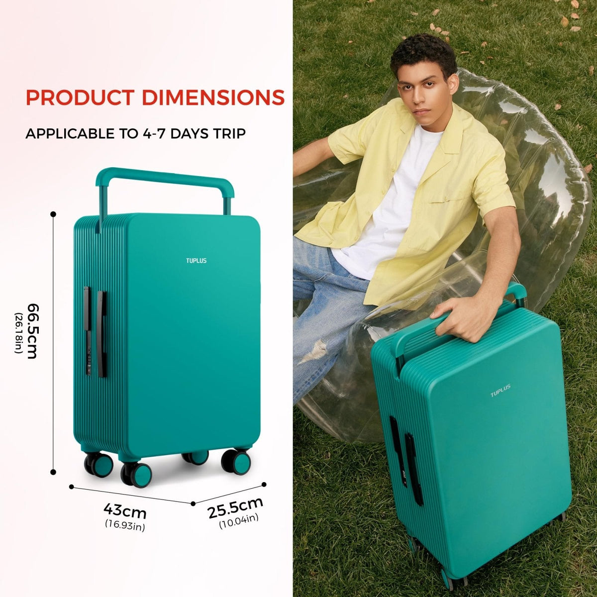 TUPLUS Suitcase ABS Hard Shell Luggage with 4 Spinner Wheels Hold Check in Travel Case with TSA Lock,Balance Series,24",Green