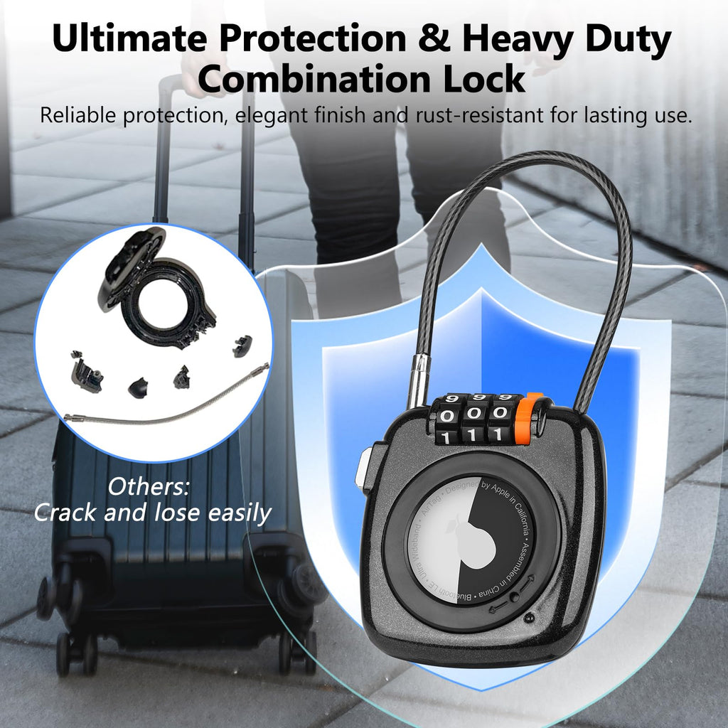 TUXON Compatible with Apple AirTag Secure Lock with Wire Cable, 3 - Digit Combination Luggage Locks, Alloy Body Ultra Durable Anti - Lost Protective Case for Luggage, Bags, Suitcase, and Backpacks (BLACK)