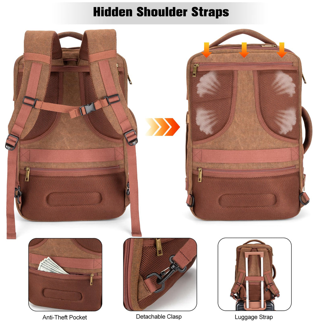 Tzowla 40L Canvas Expandable Travel Laptop Backpack for Men Women Carry on Flight Approved,Large Capacity Anti Theft Backpacks,Vintage Personal Item Bag Fit 17.3" Laptop(Brown & Khaki)