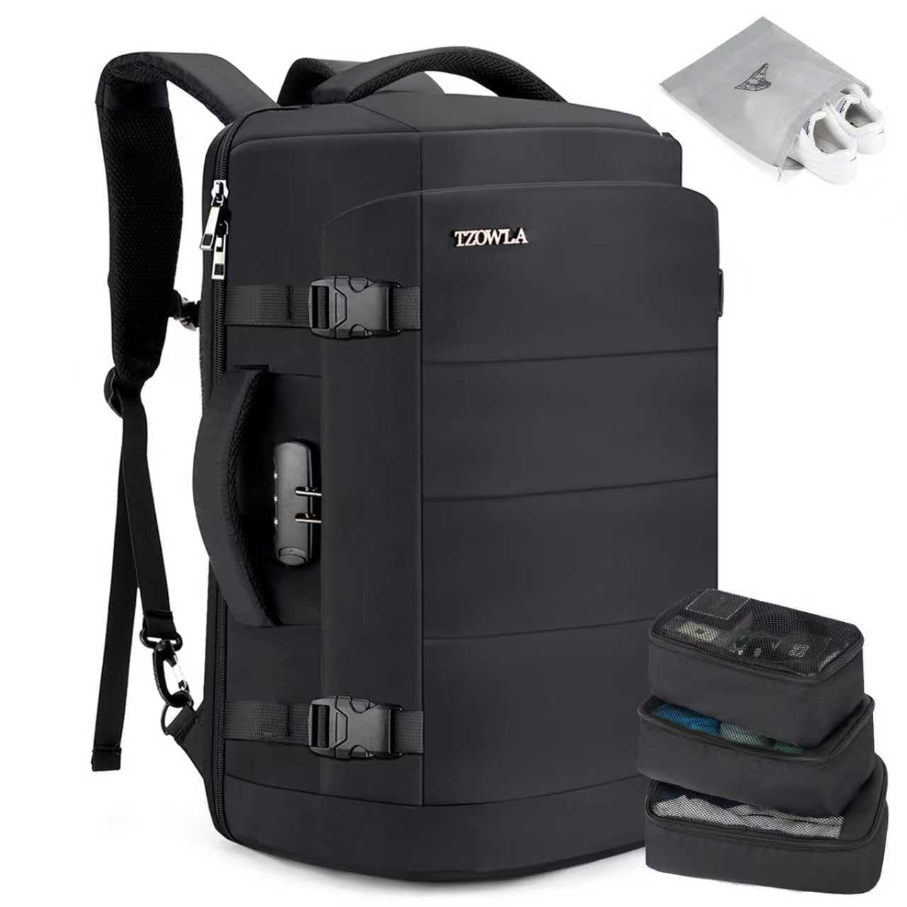 Tzowla 40L Expandable Travel Laptop Backpack for Men Women Carry on Flight Approved,Large Capacity Anti Theft Backpacks with Giant Tumbler Holder Pocket,Personal Item Bag Fit 17.3" Computer（Black