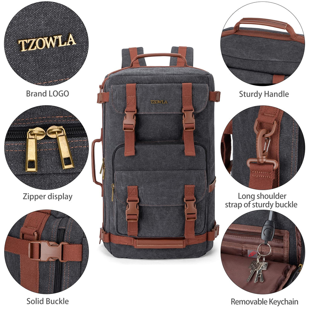 Tzowla Canvas Travel Backpack Carry on Flight Approved,Large Vintage Messenger Bag,3 - in - 1 Convertible Backpacks Duffel Bag,Personal ltem Laptop Rucksack for Men and Women Fit 17 Inch Laptop(Black)