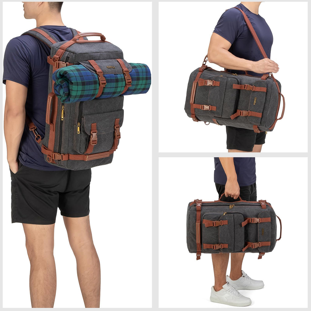 Tzowla Canvas Travel Backpack Carry on Flight Approved,Large Vintage Messenger Bag,3 - in - 1 Convertible Backpacks Duffel Bag,Personal ltem Laptop Rucksack for Men and Women Fit 17 Inch Laptop(Black)