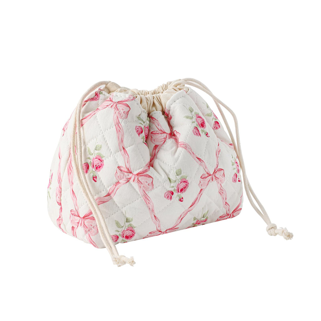 uekeboag Cotton Quilted Drawstring Makeup Bag with Canvas Lining,Coquette Aesthetic Cute Travel Toiletry Bag,Drawstring Gift Bag for Women and Girls（03Pink Bows）
