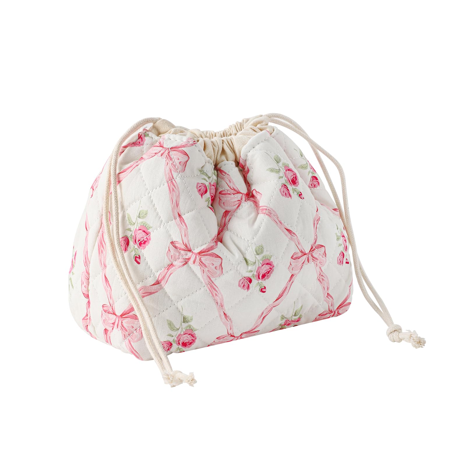 uekeboag Cotton Quilted Drawstring Makeup Bag with Canvas Lining,Coquette Aesthetic Cute Travel Toiletry Bag,Drawstring Gift Bag for Women and Girls（03Pink Bows）