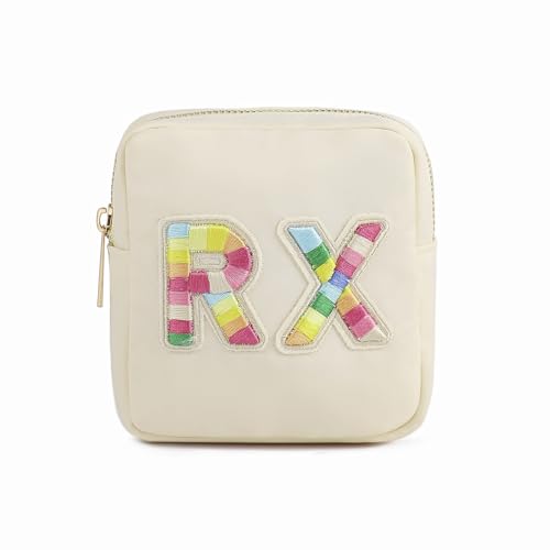 uekeboag Personalized Small Nylon Rx Cosmetic Bag, Cute Chenille Letter Patch Medicine Drug Pouch with Zipper,Preppy Makeup Travel Vitamin Bag for Women and Girls（01Sand）