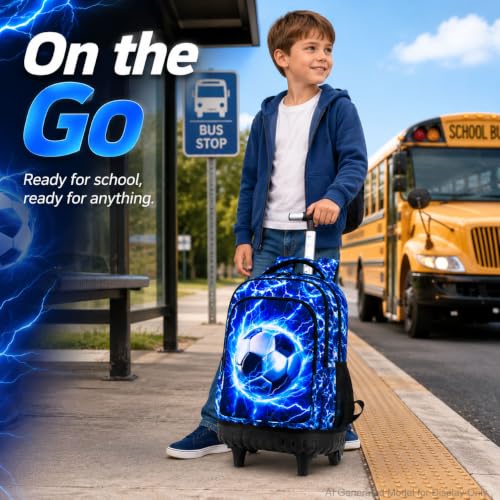 UFNDC 3PCS Rolling Backpack for Boys, Men Lightning Football Backpacks with Wheels，Water-Resistant Travel Roller Wheeled Bookbag