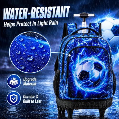 UFNDC 3PCS Rolling Backpack for Boys, Men Lightning Football Backpacks with Wheels，Water-Resistant Travel Roller Wheeled Bookbag