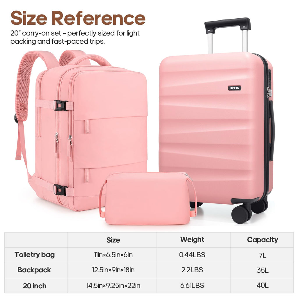 UKEIN Luggage Set with Backpack,Polycarbonate Carry On Luggage Airline Approved with Spinner Wheels, Hardshell Travel Suitcase with TSA Lock,Suitcase Set 3 Piece