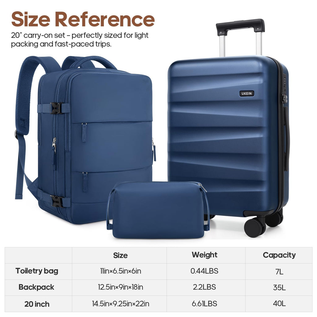 UKEIN Luggage Set with Backpack,Polycarbonate Carry On Luggage Airline Approved with Spinner Wheels, Hardshell Travel Suitcase with TSA Lock,Suitcase Set 3 Piece