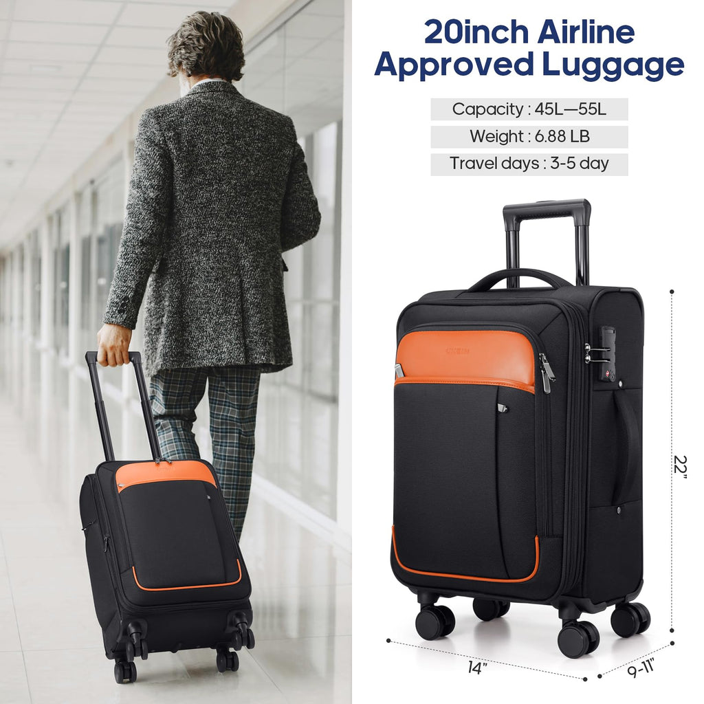 UKEIN Softside Expandable Carry On Luggage 22x14x9 Airline Approved, 20 Inch Suitcase with Wheels & TSA Lock, Travel Suitcase with 4 - Piece Packing Bags for Women Men