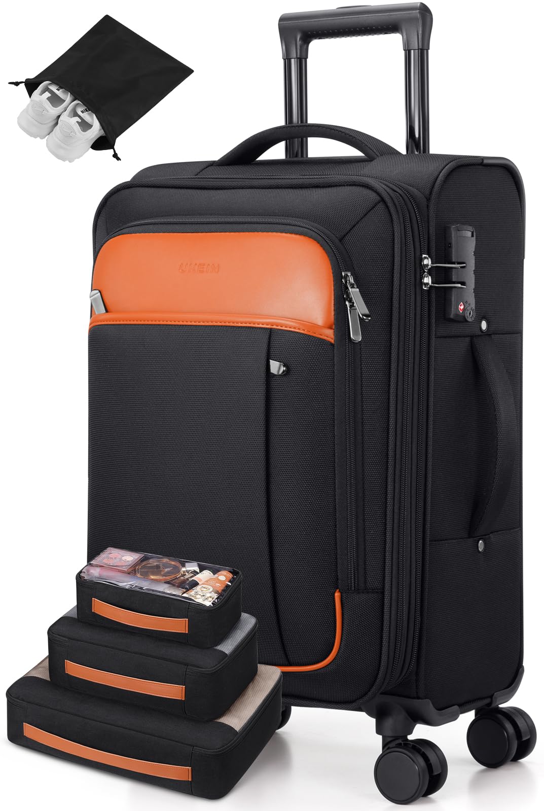UKEIN Softside Expandable Carry On Luggage 22x14x9 Airline Approved, 20 Inch Suitcase with Wheels & TSA Lock, Travel Suitcase with 4-Piece Packing Bags for Women Men