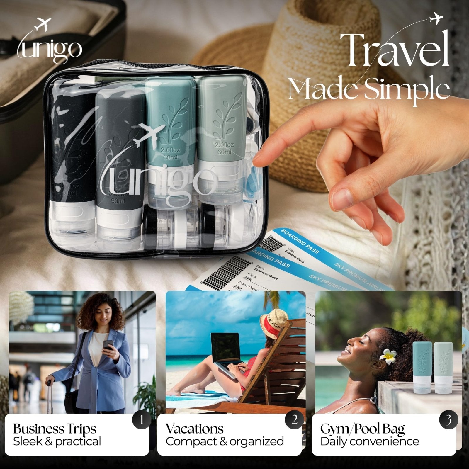 unigo 30 PACK Travel Bottles Set for Toiletries - Leakproof Refillable Travel Size Containers, TSA Approved Bottles with Labels, Brush & Covers for Carry - On Travel