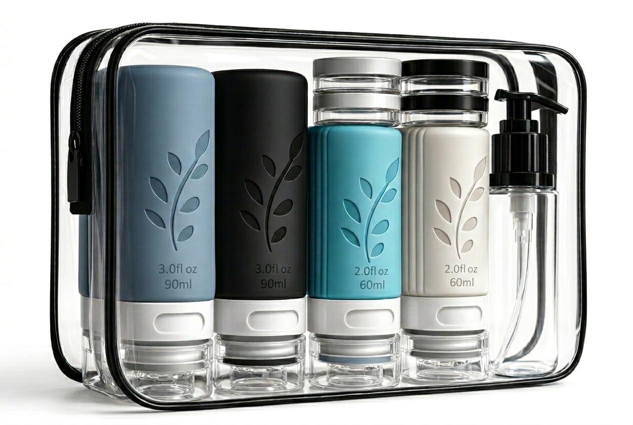 unigo 30 PACK Travel Bottles Set for Toiletries - Leakproof Refillable Travel Size Containers, TSA Approved Bottles with Labels, Brush & Covers for Carry-On Travel
