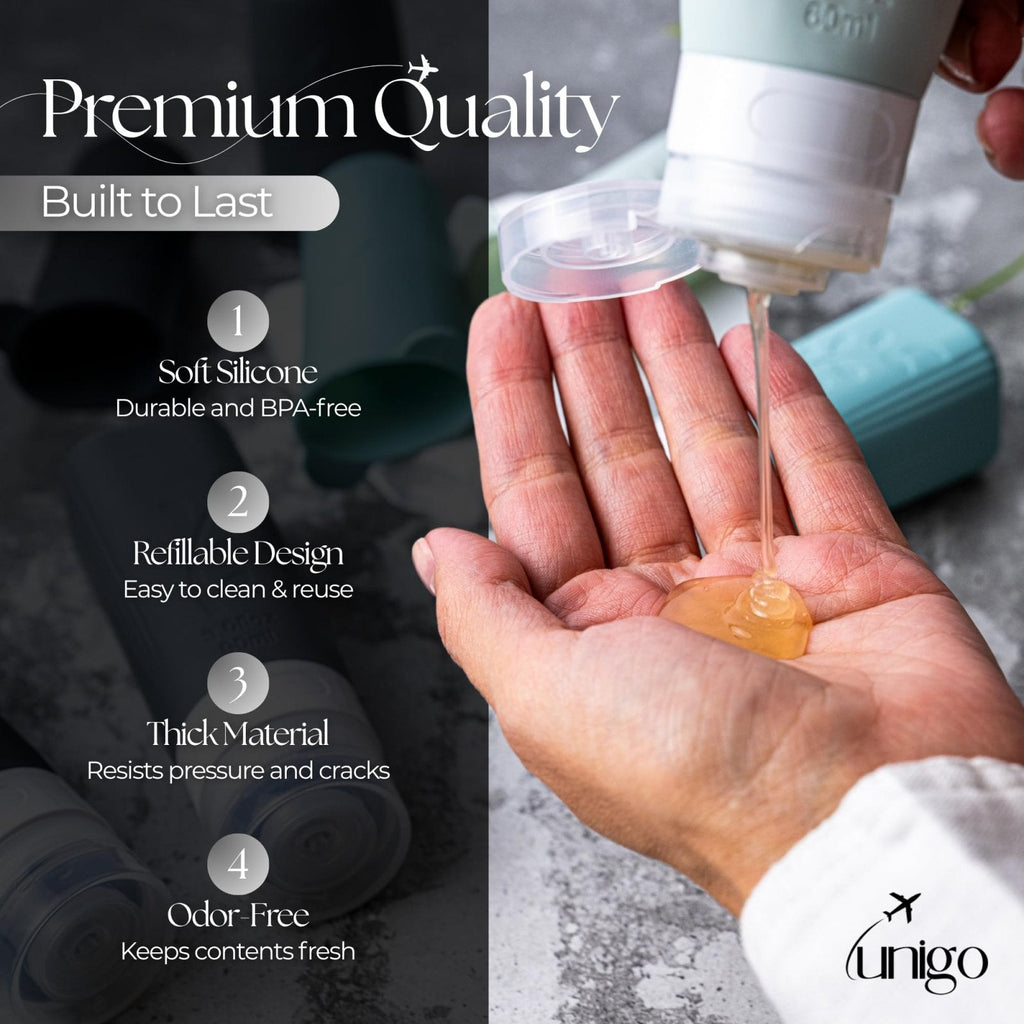 unigo 30 PACK Travel Bottles Set for Toiletries - Leakproof Refillable Travel Size Containers, TSA Approved Bottles with Labels, Brush & Covers for Carry - On Travel