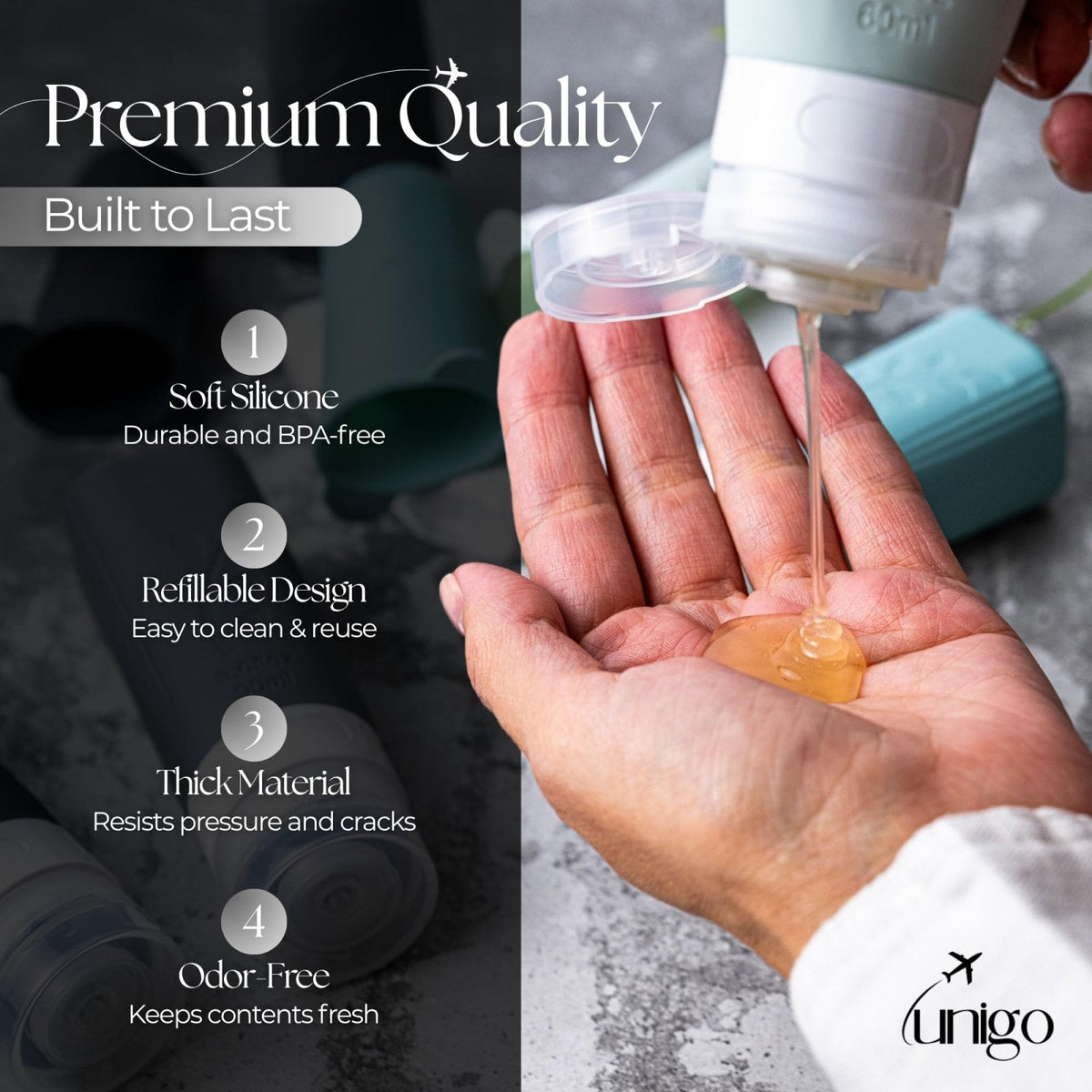 unigo 30 PACK Travel Bottles Set for Toiletries - Leakproof Refillable Travel Size Containers, TSA Approved Bottles with Labels, Brush & Covers for Carry - On Travel