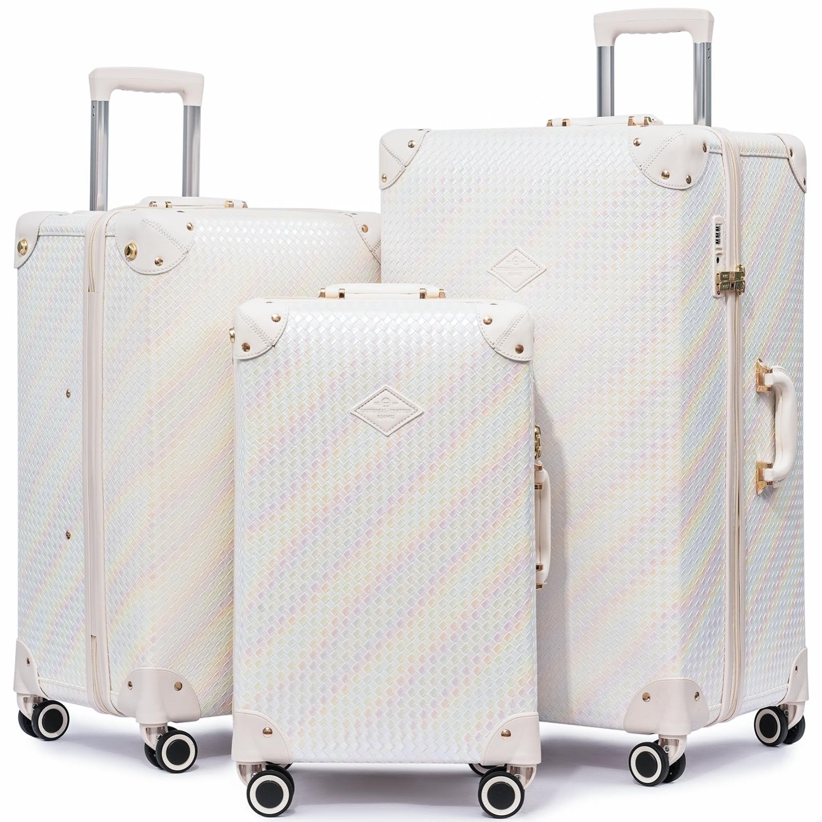 universal trotter 3-Piece High-Capacity Lightweight Vintage PU Leather Luggage Set (20/24/28 Carry-on & Checked), Water-Resistant, 360° Spinner Wheels (Pearlescent Cloud)