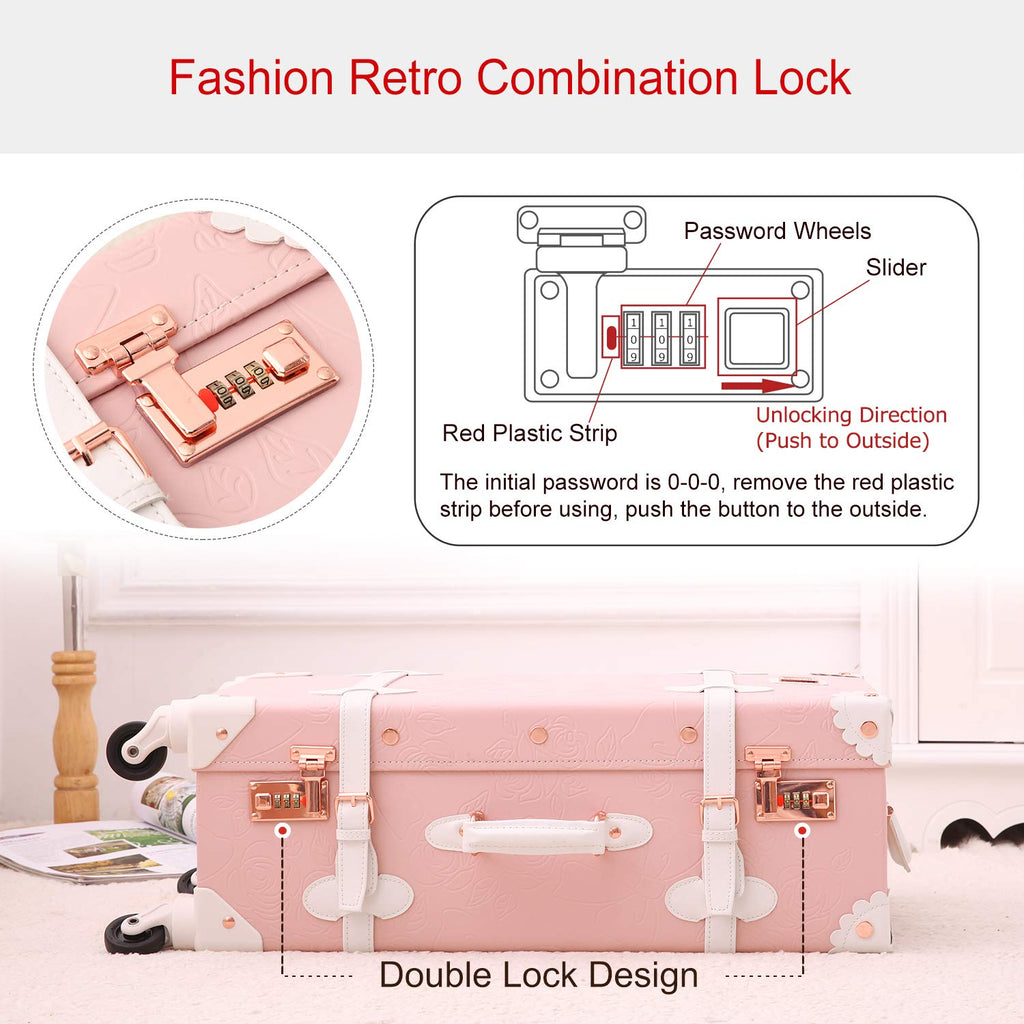 UNIWALKER Vintage Luggage Set, 2 Piece Women Carry on Trolley Suitcase with Spinner Wheels, Handcraft Faux Leather Travel Bag with Cosmetic Train Case, 20"+12", Pink
