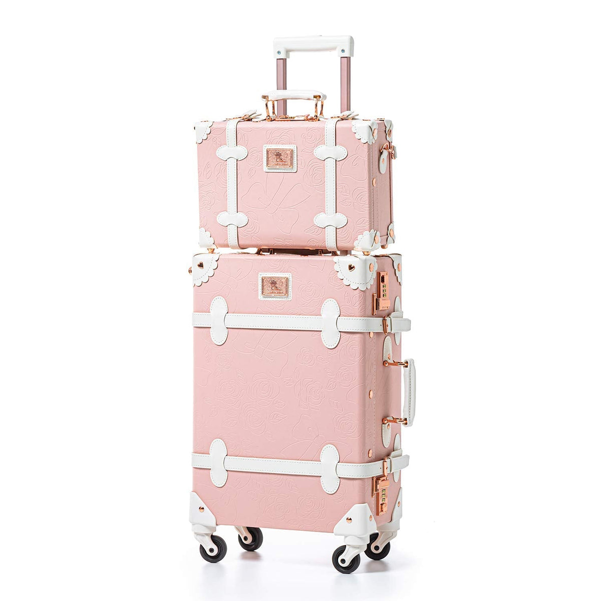 UNIWALKER Vintage Luggage Set, 2 Piece Women Carry on Trolley Suitcase with Spinner Wheels, Handcraft Faux Leather Travel Bag with Cosmetic Train Case, 20"+12", Pink