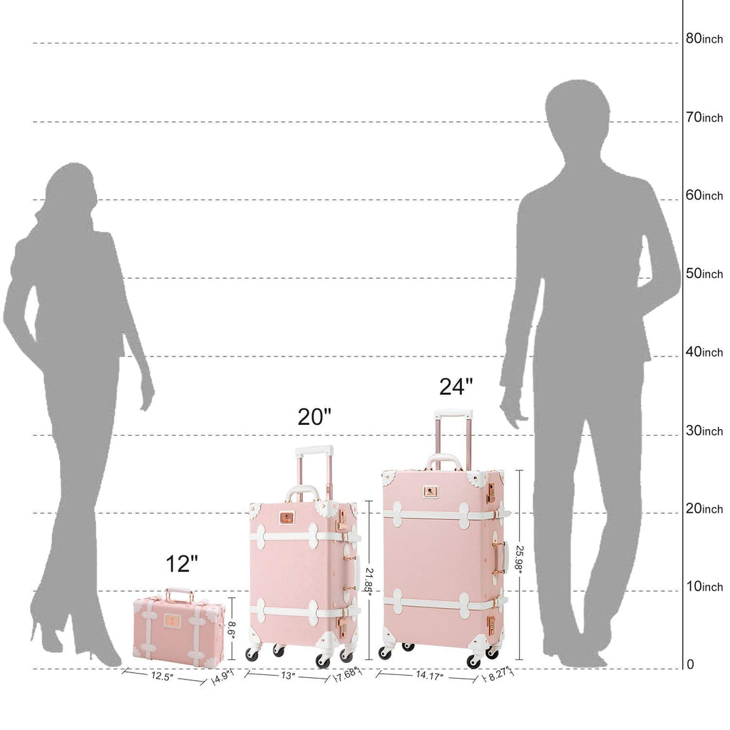 UNIWALKER Vintage Luggage Set, 2 Piece Women Carry on Trolley Suitcase with Spinner Wheels, Handcraft Faux Leather Travel Bag with Cosmetic Train Case, 20"+12", Pink