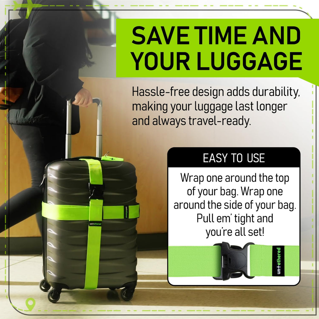 Untethered Luggage Straps | TSA - Approved Suitcase Belts with Heavy - Duty Buckles. Secure Adjustable Travel Accessories for Checked Bags. 4 - Pack