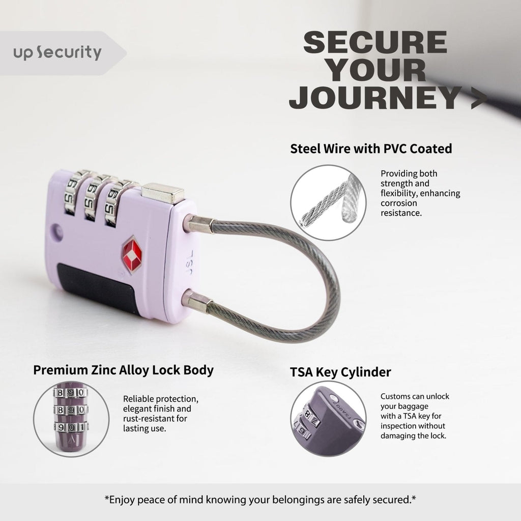 UP Security Combo TSA Locks for Luggage, Locker, Suitcase, Luggage Locks TSA Approved, Small Combination Padlock with Cable for Gym Locker, Gun Case, Backpack Bag Zipper, Storage Box, Travel Safe