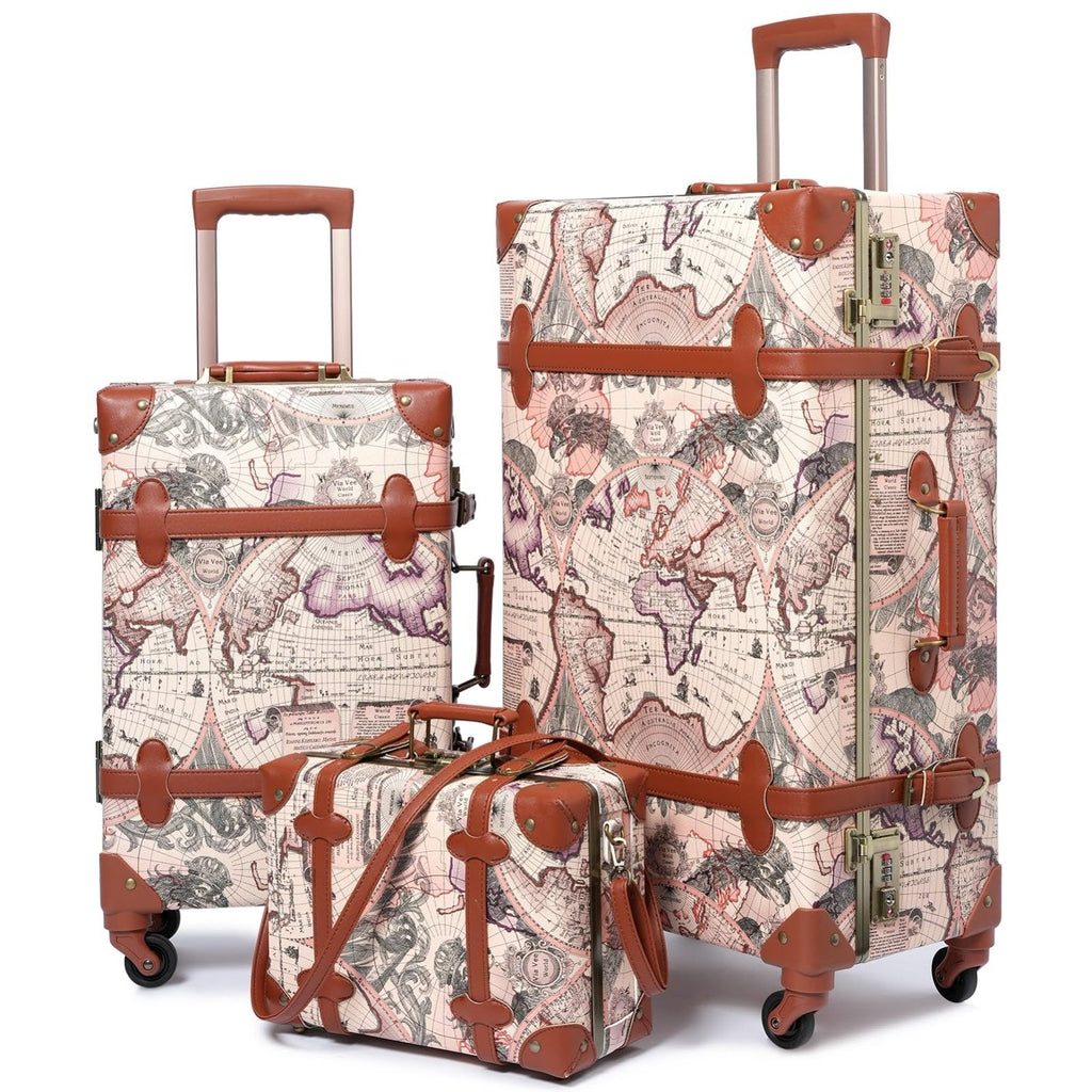 urecity Vintage Luggage Sets of 3 Piece - Hardside Lightweight Spinner Suitcases - Retro Travel Set includes Under Seat Train Case, 26"+20"+12"