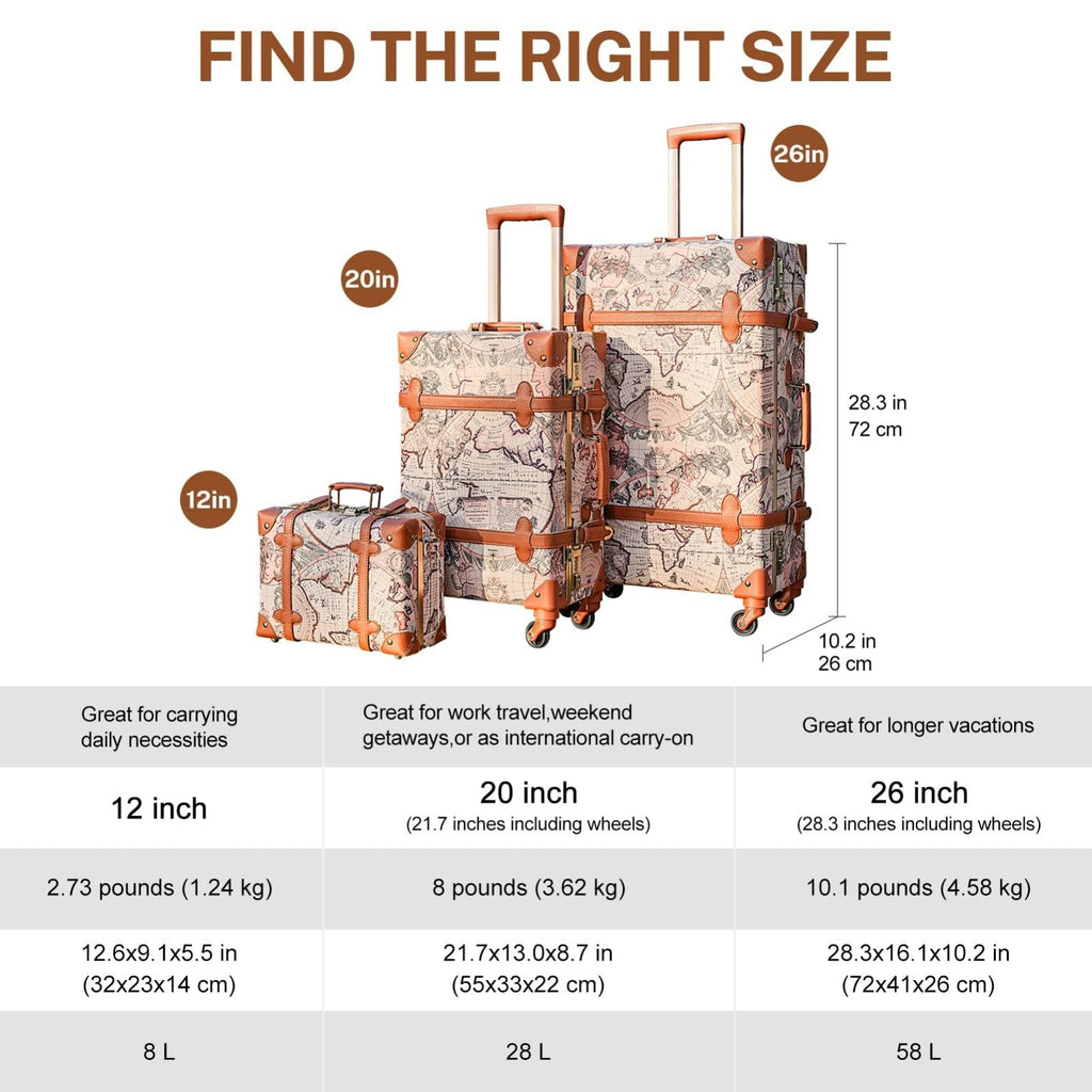 urecity Vintage Luggage Sets of 3 Piece - Hardside Lightweight Spinner Suitcases - Retro Travel Set includes Under Seat Train Case, 26"+20"+12"