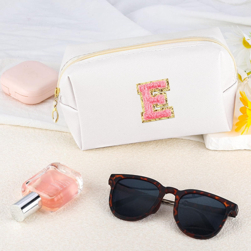 URSKYTOUS Initial Makeup Bag Personalized Preppy Travel Small Cosmetic Bag Cute PU White Chenille Letter Makeup Pouch for Purse Waterproof Zippered Toiletry Organizer for Women Girls Kids Friends (E)
