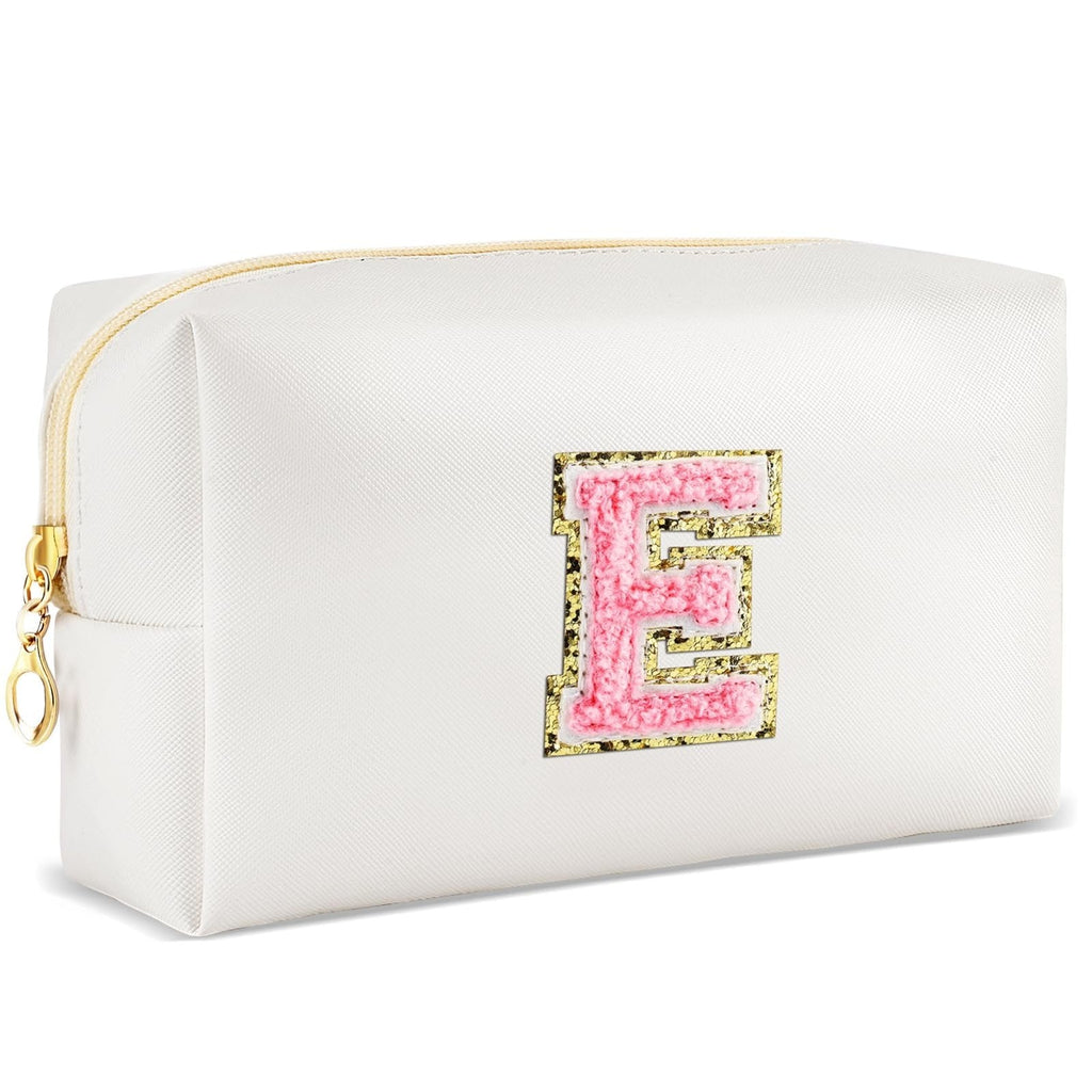 URSKYTOUS Initial Makeup Bag Personalized Preppy Travel Small Cosmetic Bag Cute PU White Chenille Letter Makeup Pouch for Purse Waterproof Zippered Toiletry Organizer for Women Girls Kids Friends (E)