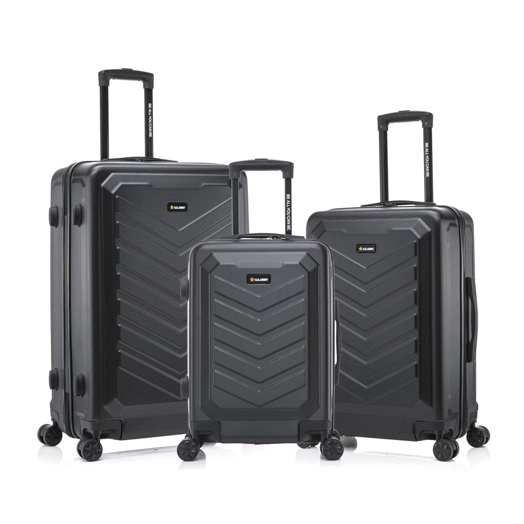 US ARMY FOX 3 Pcs Set Hardshell Luggage with Spinner Wheels | 20, 24, 28 inch Lightweight Travel Suitcase, Chevron Icon, Gel Handle, Retractable Trolley, Side Studs | Black