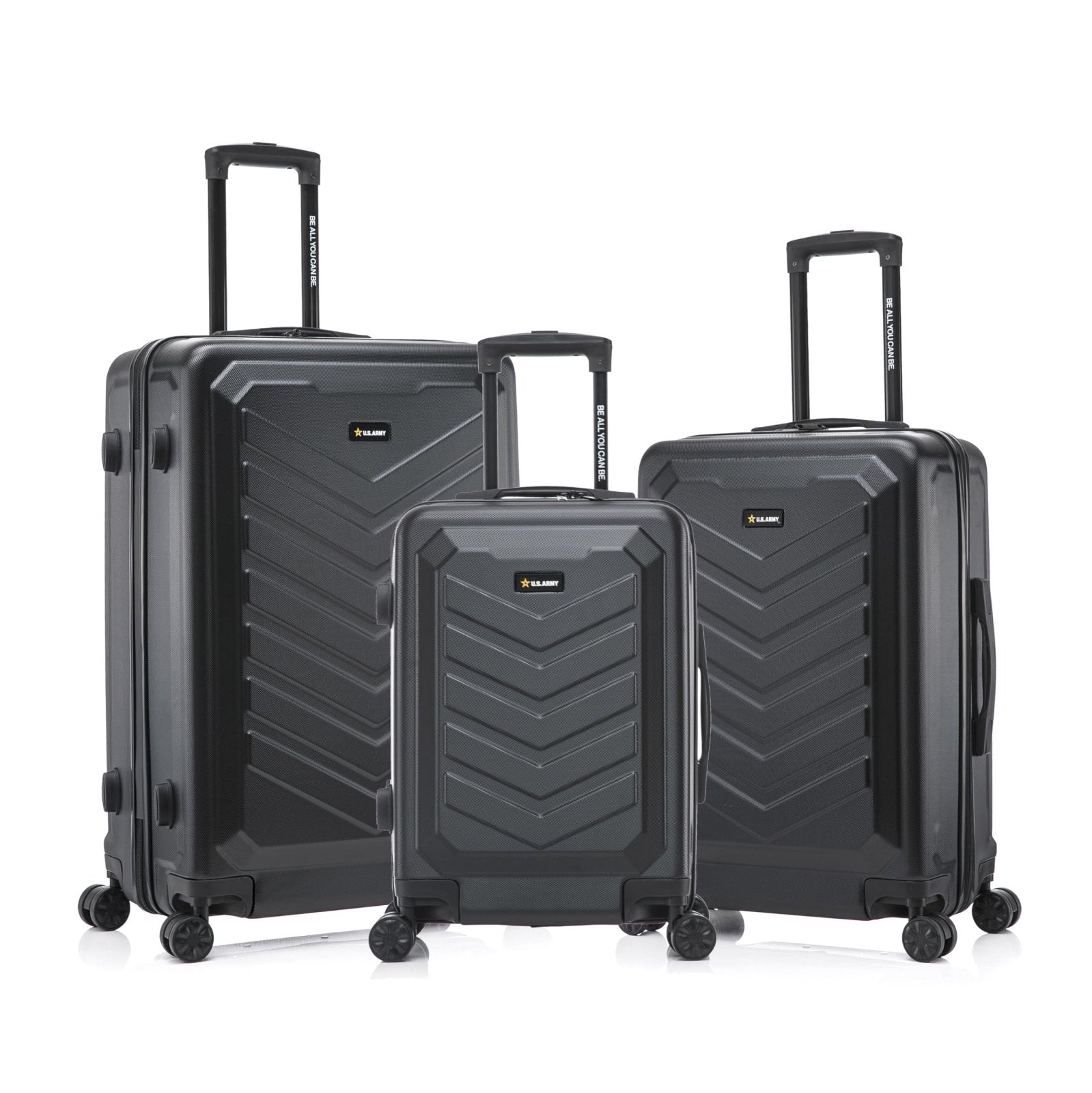 US ARMY FOX 3 Pcs Set Hardshell Luggage with Spinner Wheels | 20, 24, 28 inch Lightweight Travel Suitcase, Chevron Icon, Gel Handle, Retractable Trolley, Side Studs | Black