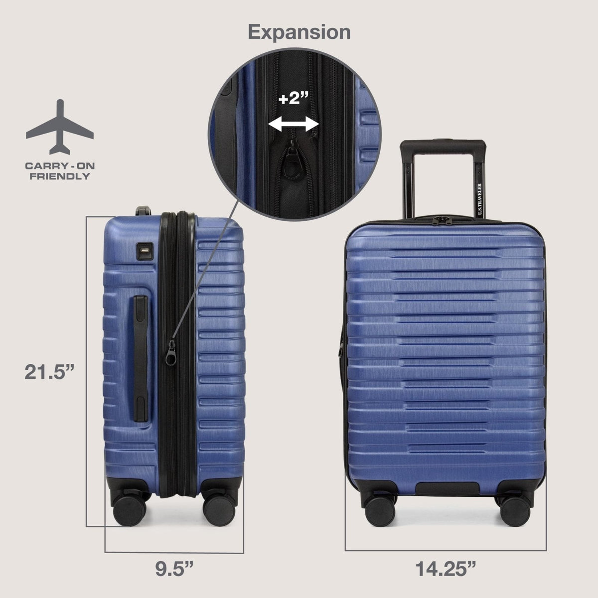 U.S. Traveler Boren Expandable Hardside Rugged Travel Luggage with 8 Spinner Wheels, Navy, Carry - on 22 - Inch