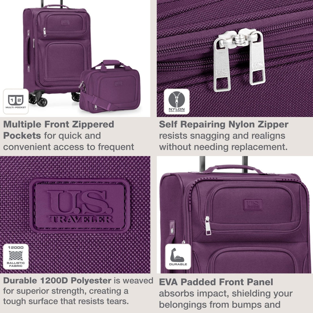 U.S. Traveler Rio Lightweight Softside Rolling Carry - on Suitcase, 4 - Wheel Single, Purple
