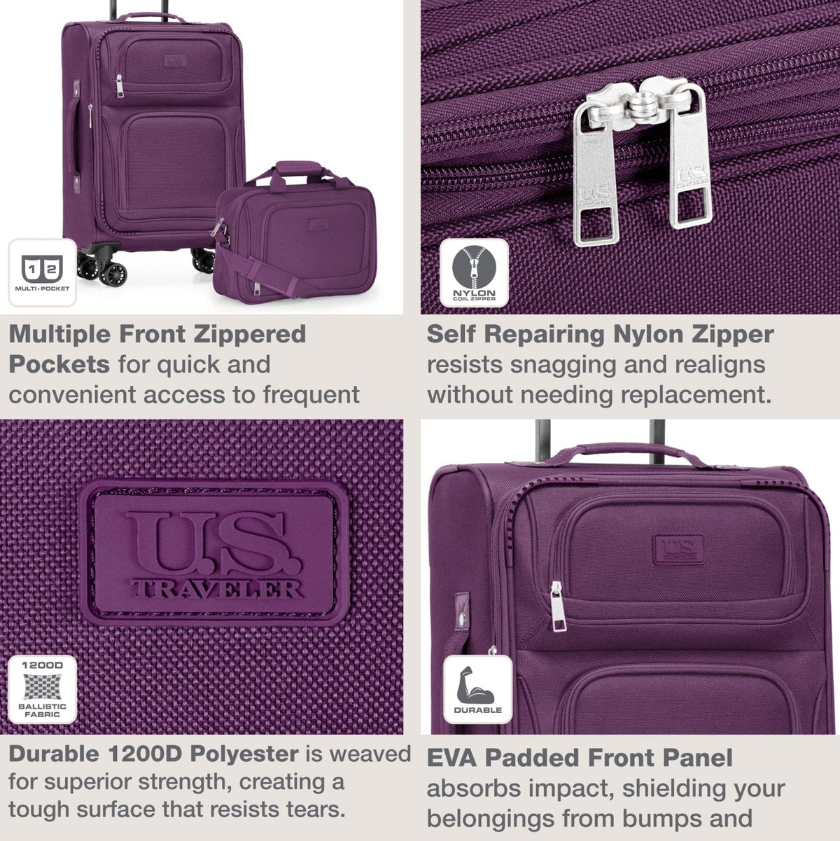 U.S. Traveler Rio Lightweight Softside Rolling Carry - on Suitcase, 4 - Wheel Single, Purple