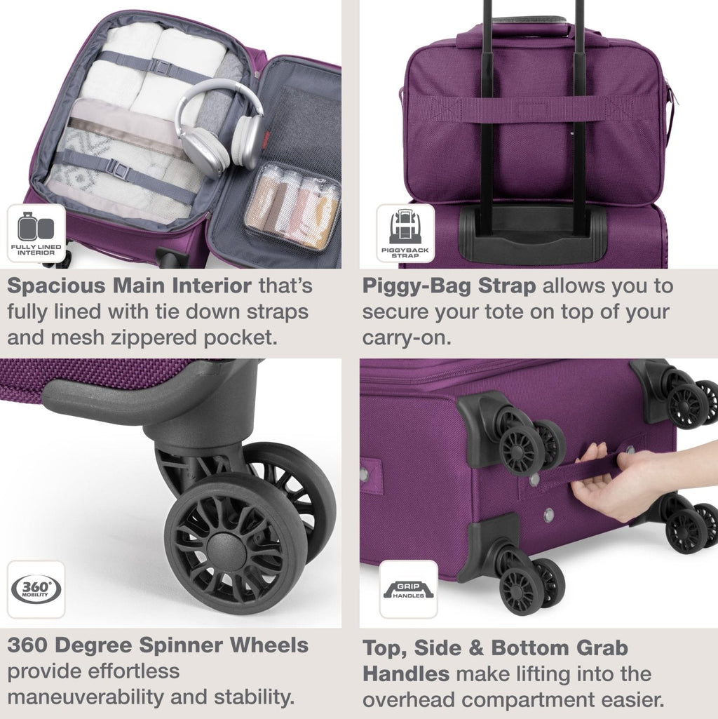 U.S. Traveler Rio Lightweight Softside Rolling Carry - on Suitcase, 4 - Wheel Single, Purple