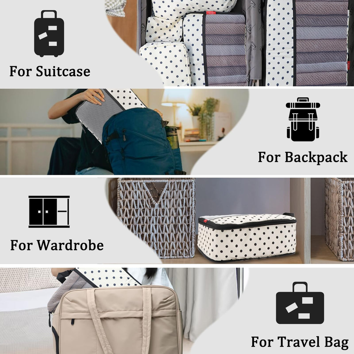U+U 6 Set Compression Packing Cubes - Ultralight Travel Organizers with Laundry Bag, Space - Saving Suitcase Organizer, Expandable Packing Cubes for Travel, Business Trip and Family Vacation (Polka Dot)