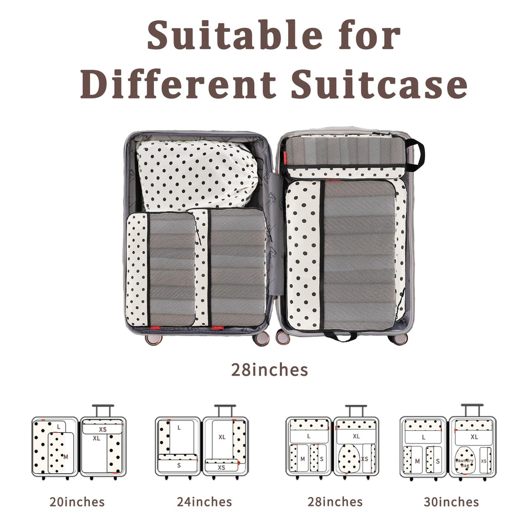 U+U 6 Set Compression Packing Cubes - Ultralight Travel Organizers with Laundry Bag, Space - Saving Suitcase Organizer, Expandable Packing Cubes for Travel, Business Trip and Family Vacation (Polka Dot)